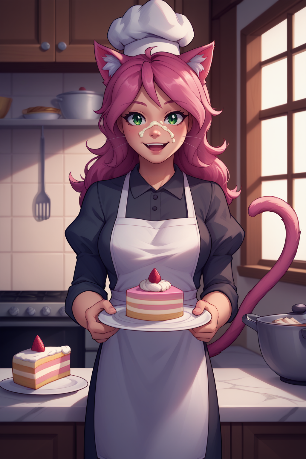 score_9, score_8_up, score_7_up, BREAK 1girl, solo, <lora:NSStylistTerraria:1> NSStylistTerraria, pink hair, long hair, green eyes, apron, cream on face, happy, chef hat, white apron, puffy sleeves, kitchen, cake, cat ears, cat tail, whiskers