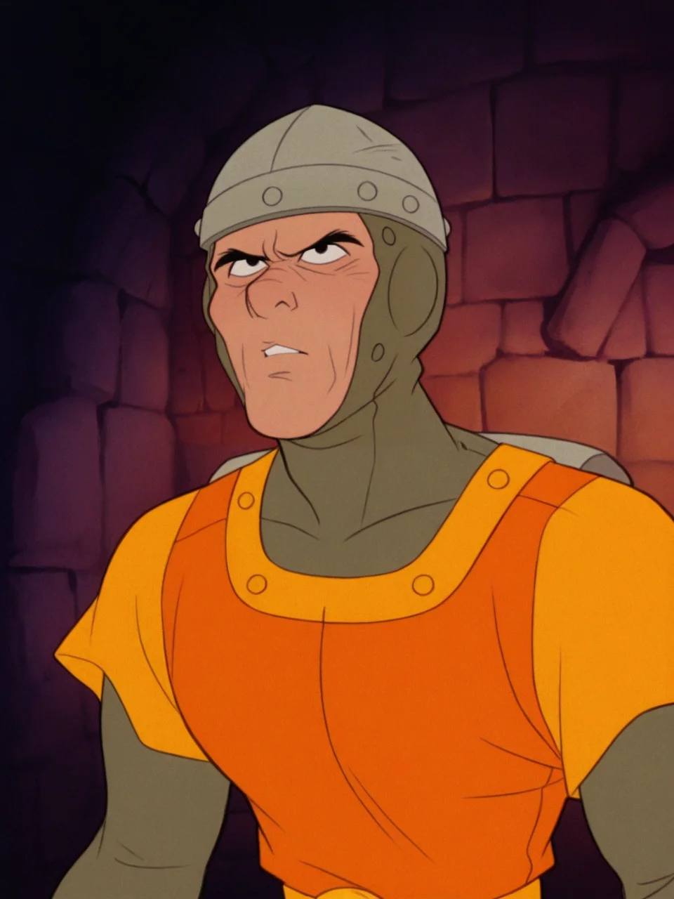 dirkthedaring, upper_body, black_eyes, orange tabard, helmet, retro_artstyle, 1boy solo male, male_focus, dungeon rocks, source_cartoon, flat_colors  <lora:Dirk_the_Daring__Dragons_Lair__Illustrious-000020:0.8>, masterpiece, best quality, amazing quality