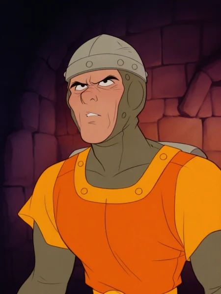 dirkthedaring, upper_body, black_eyes, orange tabard, helmet, retro_artstyle, 1boy solo male, male_focus, dungeon rocks, source_cartoon, flat_colors <lora:Dirk_the_Daring__Dragons_Lair__Illustrious-000020:0.8>, masterpiece, best quality, amazing quality