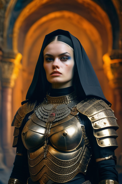 <lora:ChainHalterXL:0.6> ChainHalter, warrior nun portrait, (mystical:1.3) gaze, (ornate:1.1) armor, (enchanted:1.2) background, (otherworldly:1.3) atmosphere, in the style of  Frazetta, 
, Canon EOS R5, film stock photograph 4 Kodak Portra 400, camera f1.4 lens, rich colors, hyper-realistic lifelike texture, dramatic lighting, trending on ArtStation, Cinestill 800