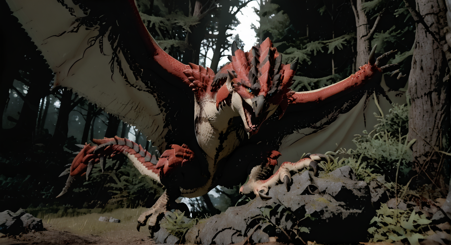 zPDXL,((wings folded in front)),((((claws in focus)))),((dive bombing prey:1)),((talons facing viewer:1.2)),(((dark forest setting))),((feet facing viewer)),((huge talons)),((talons out)),solo dragon,armless dragon,(wyvern with talons outstretched to grab viewer:1.1),dragon wings stretched,((forest)),DarkSpheraStyle,dark studio,rim lighting,two tone lighting,dimly lit,low key,rathalos,best quality,good quality,<lora:Rathalos-XL-000004>,(genital slit:1.3),Rathalos,red scales,<lora:ryth-dcr34sed-c0l0ring:0.9>,dcr34sed_c0l0ring,monochrome,black theme,wings,dragon,scalie,western dragon,wyvern,feral,hands-free,male feral,membrane \(anatomy\),membranous wings,tail,