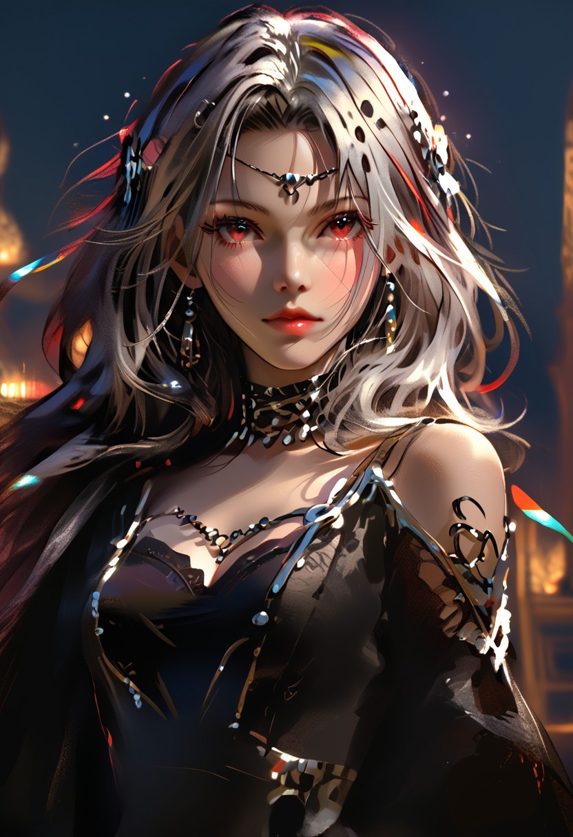 score_9, score_8_up, score_7_up, score_6_up, score_5_up, score_4_up, masterpiece, best quality, raytracing, absurdres, high definition, perfect details, depth of field, good composition, spectacular, volumetric dark lighting, dramatic lighting, absurd, raytracing, 3>lora in weight of: 1.5 + detailed eyes, ((detailed face)), (linear hatching, cel shading, hds style), extremely bright rays of light, dark lighting, majestic, divinity, 
BREAK 
perfect face, mature, female, razor hair, metallic hair, metal, red eyes, 1girl, solo, sexy, smooth body, cyber Dystopian, shadowrun, Enigmatic woman draped in shadows, beautiful, wearing detailed, black dress adorned with lace, full body, full body in view, (Partially obscured face, revealing only piercing eyes adorned with kohl.arcane energy aura), sexy body, cowboy shot, masterpiece, ultra-detailed, semi-realistic, kohl.arcane imbued eyes,  (cowboy shot, portrait), full lips, sparkles in air, complicated background,