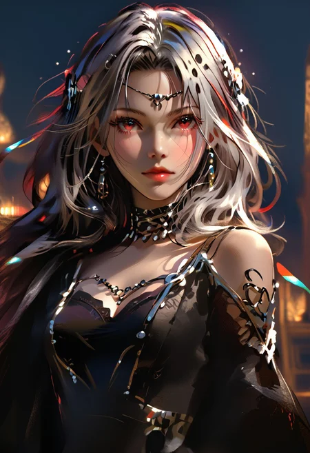 score_9, score_8_up, score_7_up, score_6_up, score_5_up, score_4_up, masterpiece, best quality, raytracing, absurdres, high definition, perfect details, depth of field, good composition, spectacular, volumetric dark lighting, dramatic lighting, absurd, raytracing, 3>lora in weight of: 1.5 + detailed eyes, ((detailed face)), (linear hatching, cel shading, hds style), extremely bright rays of light, dark lighting, majestic, divinity,
BREAK
perfect face, mature, female, razor hair, metallic hair, metal, red eyes, 1girl, solo, sexy, smooth body, cyber Dystopian, shadowrun, Enigmatic woman draped in shadows, beautiful, wearing detailed, black dress adorned with lace, full body, full body in view, (Partially obscured face, revealing only piercing eyes adorned with kohl.arcane energy aura), sexy body, cowboy shot, masterpiece, ultra-detailed, semi-realistic, kohl.arcane imbued eyes, (cowboy shot, portrait), full lips, sparkles in air, complicated background,