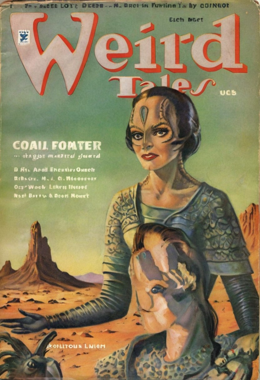 Weird Tales pulp magazine cover,
female c4rd45514n alien, forehead crest, grey skin, ridges, scales, standing on a desert planet with a retro futuristic city far in the background
