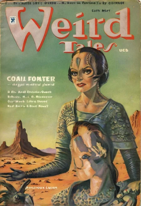 Weird Tales pulp magazine cover,
female c4rd45514n alien, forehead crest, grey skin, ridges, scales, standing on a desert planet with a retro futuristic city far in the background