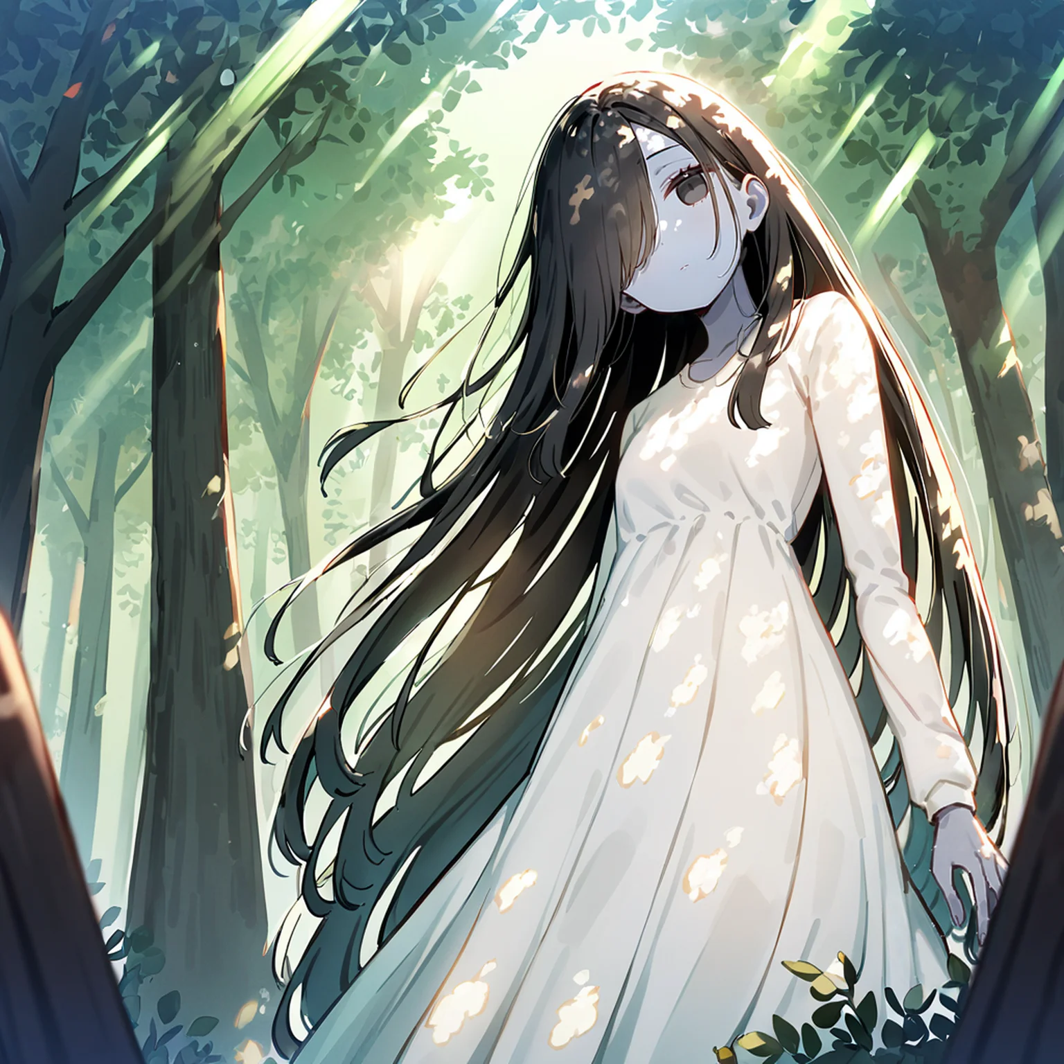 best quality, hires, perspective, [green|orange] , from below
1girl, (yamamura sadako:1.3), very long hair, straight hair, black hair, black eyes, (hair over one eye:1.2), long bangs, gray skin, white spooky dress, long sleeves, skinny, expressionless, jitome
forest, (sunbeam, dappled sunlight:1.1), green background, 
<lora:Sunlight_in_the_forest:1>