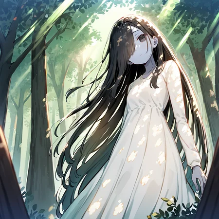 best quality, hires, perspective, [green|orange] , from below
1girl, (yamamura sadako:1.3), very long hair, straight hair, black hair, black eyes, (hair over one eye:1.2), long bangs, gray skin, white spooky dress, long sleeves, skinny, expressionless, jitome
forest, (sunbeam, dappled sunlight:1.1), green background, 
<lora:Sunlight_in_the_forest:1>