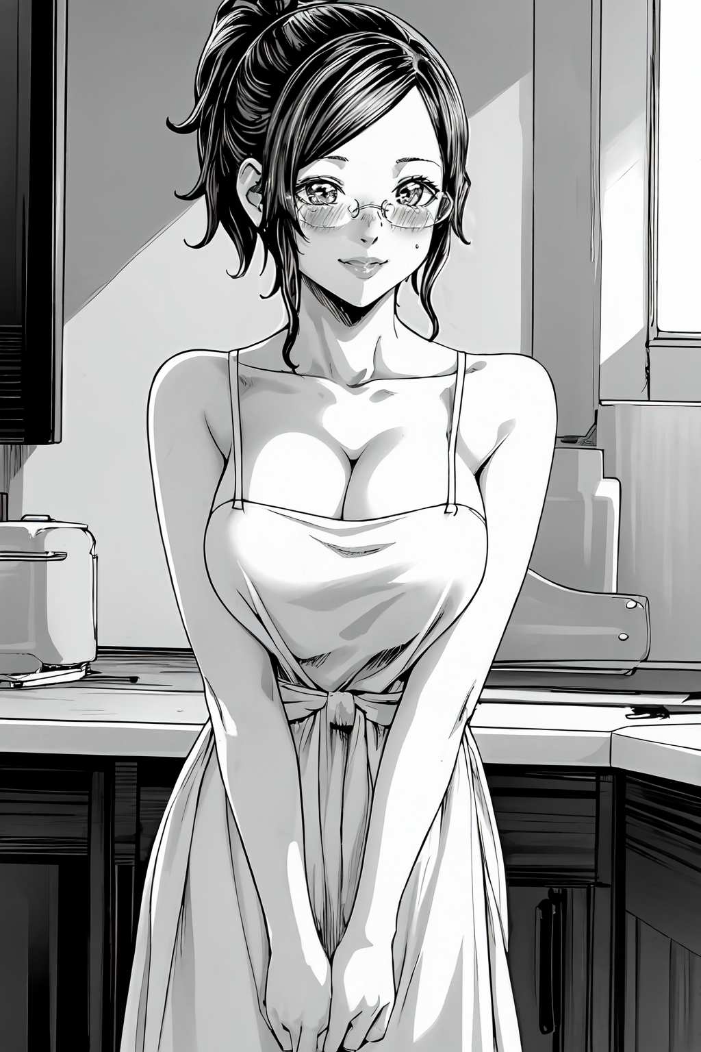 (masterpiece, best quality:1.2), highres, (greyscale, monochrome:1.2), 1girl, solo, blush, seductive smile, 
Kayoko_Hoshi, mature female, short hair, ponytail, bangs, sidelocks, glasses, rimless eyewear, large breasts, lips, 
naked apron, collarbone, cleavage, v arms, 
indoors, kitchen, 
<lora:add_detail_CyberAlchemist:0.2>, <lora:GoodHands-beta2:0.8>, <lora:KayokoHoshi-000010:0.9>
