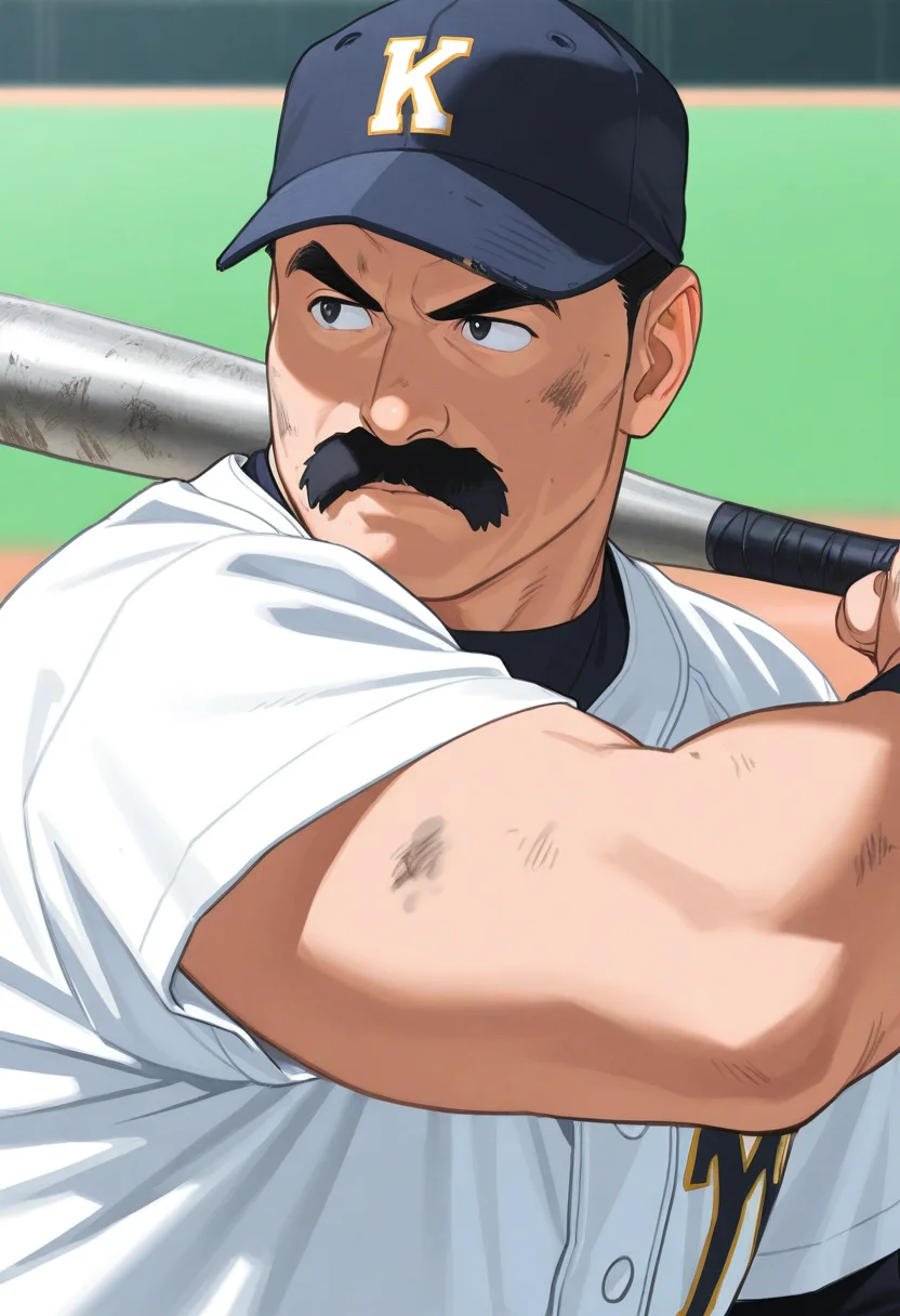 1boy, baseball cap, holding baseball bat, close-up, closed mouth, looking afar, dirty face, serious, dynamic pose,
BREAK
<lora:Police_commissioner_from_Hairy_Oracle_by_Gengoroh_Tagame_v0.1:1>
keijisan, mature male, thick eyebrows, thick mustache, sideburns, black eyes, black hair, short hair, thick arms,
BREAK
stadium, baseball uniform, 
BREAK
best quality, masterpiece, very aesthetic, absurdres, highest detailed,