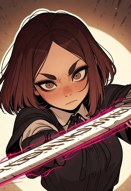 gothic_glittercore, masterpiece,best quality,amazing quality, artist: ShintAro kago, (artist: incase:0.7), 1girl, KJOmomo, big brown eyes, brown hair, medium hair, parted bangs, thick eyebrows, movement, ssword fight, white outline glow, chromatic aberration, high res image, high res image, high res image