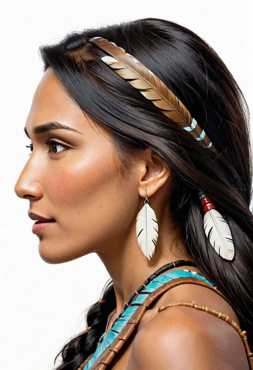 Ultra Realistic, side view,  portrait,  Pocahontas, scrolling on mobile phone