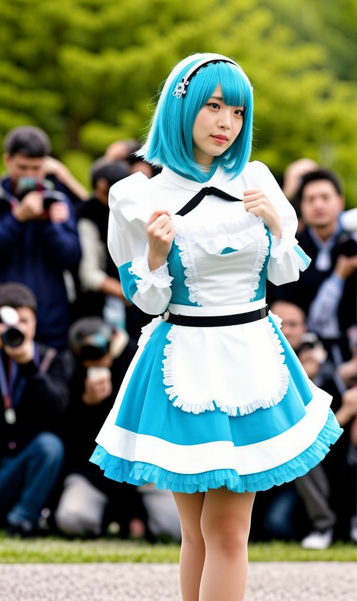 a beautiful 18-year-old Chinese woman,
wide angle,view of a woman from front,multiple clothed male photographers taking photos of a woman with cameras,multiple clothed male photographers taking photos of the same woman with phones,multiple photographer backgrounds,maid,woman focus,woman looking away,taking picture,short hair,detached sleeves,crowd,hair ornament,woman with aqua hair,maid headdress,breasts,cosplay,blurry,ribbon,apron,frills,cleavage,hair ribbon,blurry background,dress,waist apron,outdoors
<lora:cosplay & multiple photographer backgrounds_V1:0.7>
<lora:asianbabe_V6:0.5>
outdoors,forest background,trees,<lora:LCM_LoRA_Weights_SD15å éå¨:1>