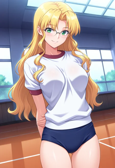 masterpiece, best quality, amazing quality, 1girl, solo, cowboy shot, kyoukaww, green eyes, blonde hair, long hair, very long hair, wavy hair, parted bangs, glasses, medium breasts, gym uniform, short sleeves, dark blue buruma, looking at viewer, smile, indoors, day, skindentation, detailed clothing folds, depth of field, sharp, high contrast, dynamic light <lora:Ayamine_Kyouka_Yoridori_ill:0.8>