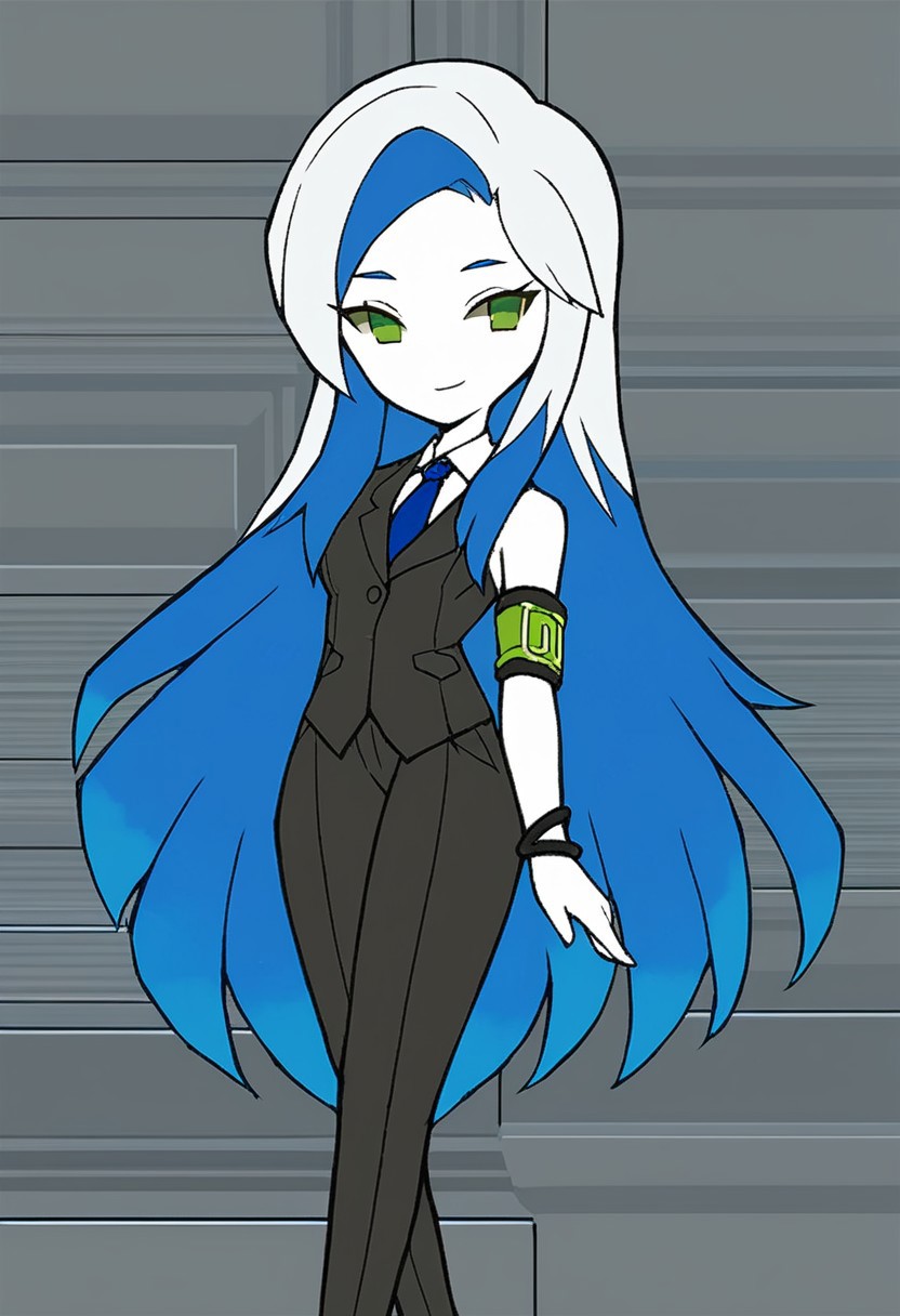 Score_9, solo, 1girl, multicolored hair, white hair, blue hair, suit, formal, green eyes, white skin, arm band, smile, Lobotomy Corporation (Style)