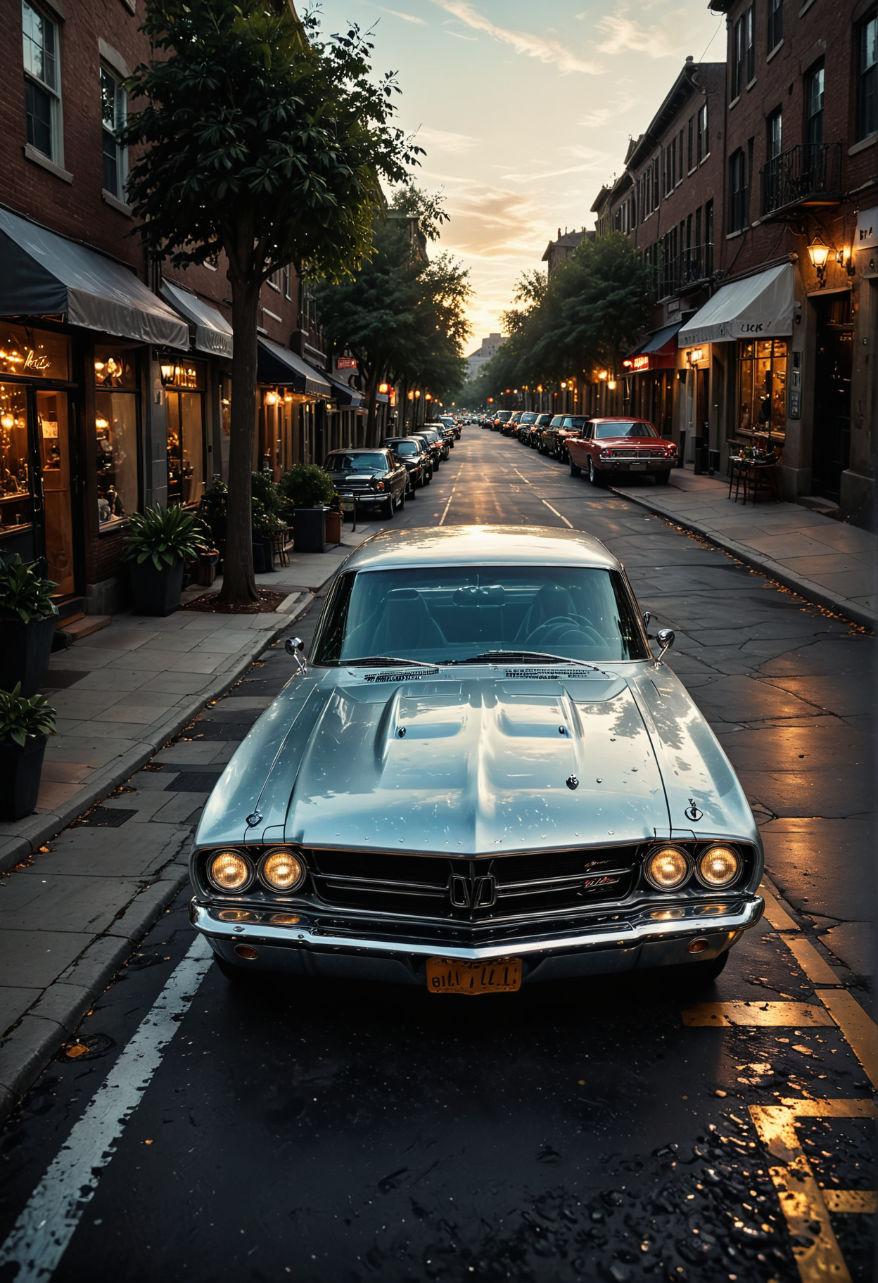 A nostalgically crafted relic of the past, a meticulously restored deep silver pearlescent classic 60's muscle car cruises through the dusk streets with an intimidating elegance. The vintage vehicle gleams with a lustrous sheen, showcasing its aerodynamic lines and sharp accents as it cruises along the asphalt. This evocative scene is captured in a vividly detailed oil painting, where every brushstroke highlights the car's classic styling and pristine condition. Impeccably rendered, this image transports viewers to a bygone era of automotive luxury and style.
OverallDetailXL <lora:SDXLFaeTastic2400:0.4> <lora:DetailMaximizer:0.55> detailmaximizer  <lora:SecretLab:0.8> secretlab