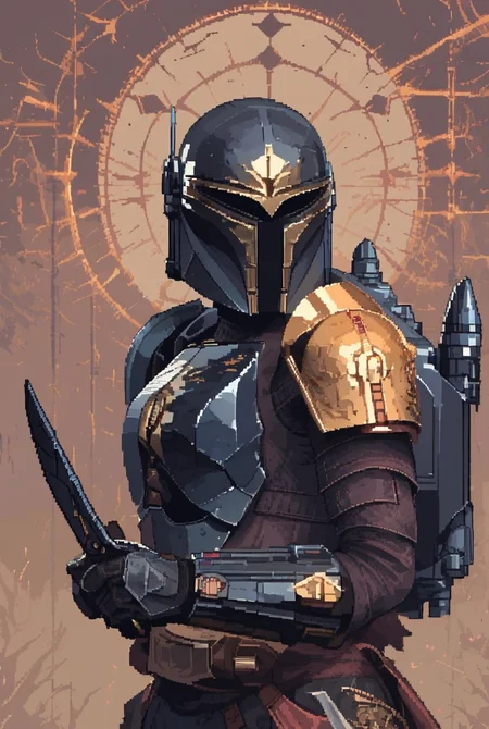 7-MandalorianArmour, solo, gloves, 1girl, holding, weapon, portrait, holding weapon, gun, helmet, knife, science fiction,  holding knife
golden armour, black armour trim, golden patterns, highly precise
[pixel art,  detailed, 7-MandalorianArmour]
<lora:Mandalorian Armour PONY:1>  <lora:d3p1x3lXLP:1>