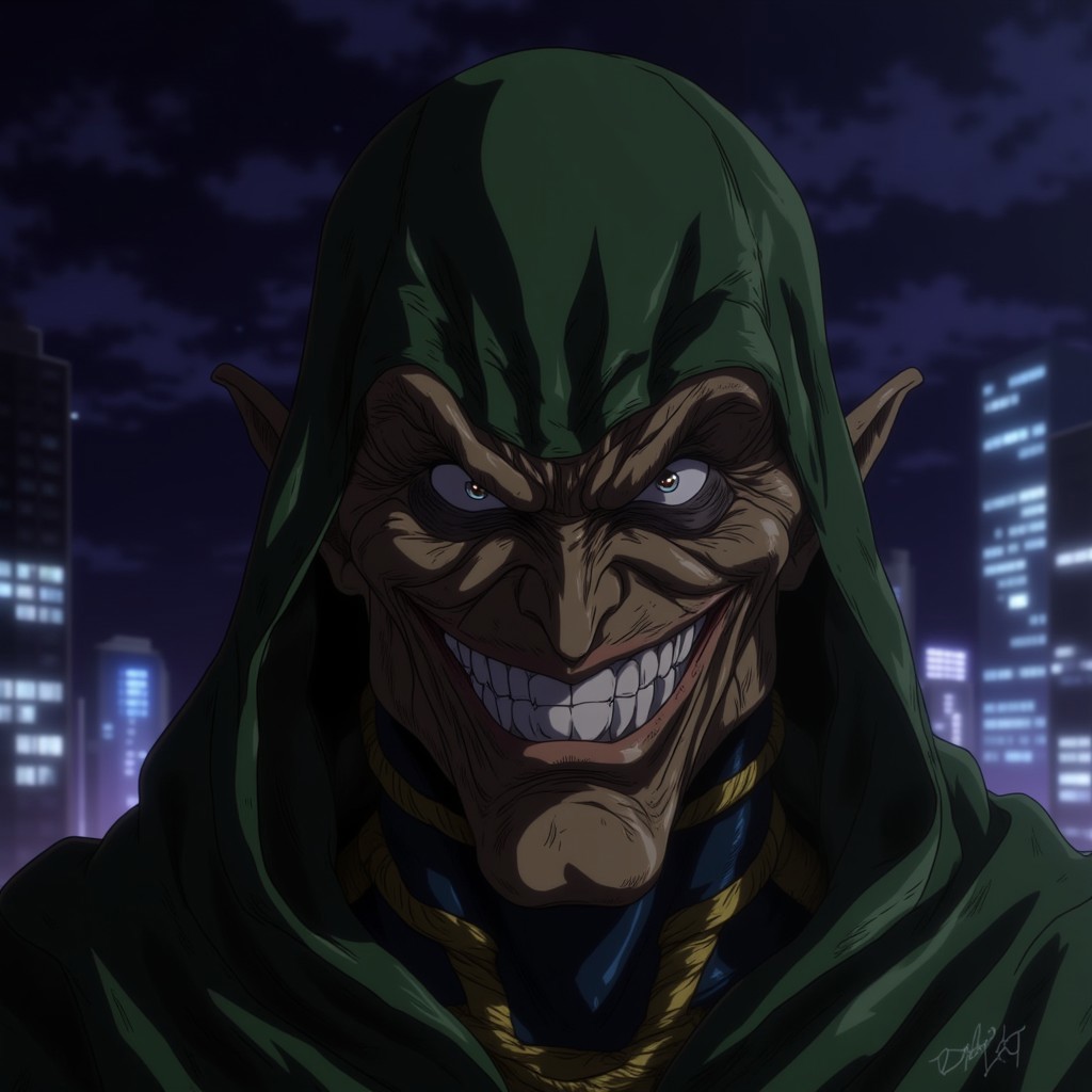 1boy, male focus, solo, pointy ears, hood, grin, smile, cloak, evil grin, teeth, evil smile, upper body, hooded cloak, night, hood up, egmid, Spider-Man villain,  green goblin