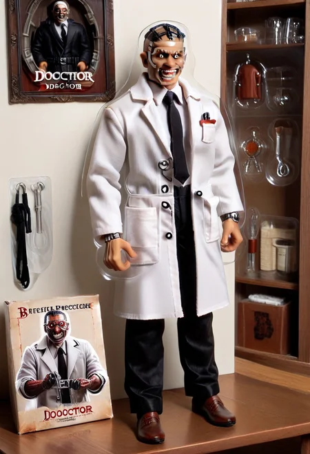 score_9, score_8_up, score_7_up, toy packaging, action figure, 1boy, dbd_doctor, teeth, white robe, black tie, black trousers, brown shoes,