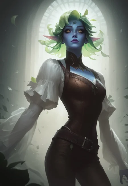 score_9, score_8_up, score_7_up, detailed_eye_model, concept art, realistic, Lol style, league of legends style, lol, league of legends, BREAK, 1woman, cowboy-shot, dramatic lights, clear eyes, sharp eyes, high quality eyes, high resolution eyes, detailed eyes, looking at viewer, eye contact, ((Elf, pointed ears, freckles on face, beautiful, detailed face, beautiful face, blue skin, horns, golden eyes, green hair, leaves in hair, leaves)), neck-length hair, loose hair, leafy hair, ((white shirt, flowy sleeves)), ((brown corset, brown leather pants)), belt,