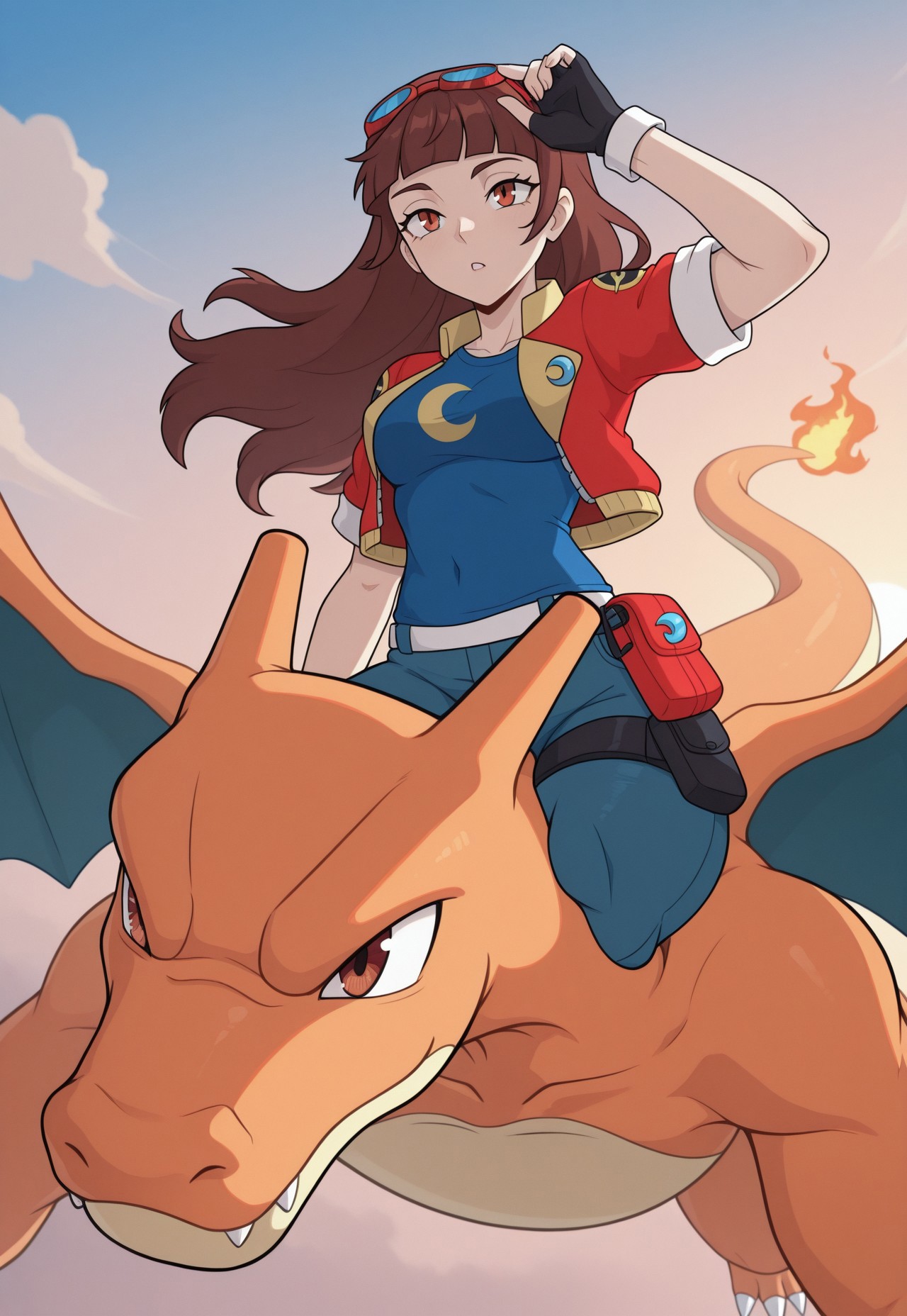 masterpiece, best quality, newest, absurdres, highres, luna-utopus, long hair, brown hair, brown eyes, blunt bangs, fingerless gloves, red jacket, eyewear on head, black gloves, open jacket, cropped jacket, goggles on head, blue shirt, crescent on shirt, short sleeves, outside, sky, charizard, flying on charizard, flying in the air, far shot, dragon riding