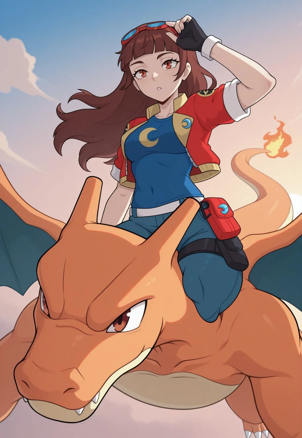 masterpiece, best quality, newest, absurdres, highres, luna-utopus, long hair, brown hair, brown eyes, blunt bangs, fingerless gloves, red jacket, eyewear on head, black gloves, open jacket, cropped jacket, goggles on head, blue shirt, crescent on shirt, short sleeves, outside, sky, charizard, flying on charizard, flying in the air, far shot, dragon riding