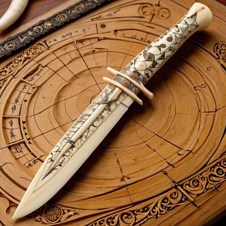 masterpiece, best quality, golden ratio, ancient mystical knife made out of bone, runes, scrimshaw, bone carving
