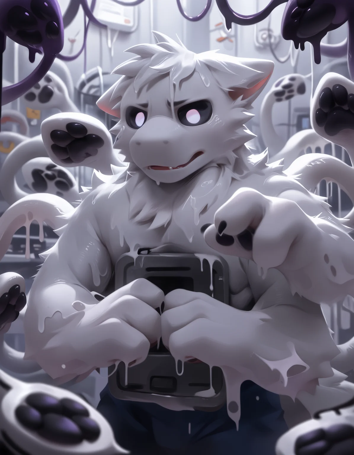 score_9, score_8_up, score_7_up, BREAK rating_safe, detailed, depth of field, solo, <lora:squid_dog_v1.safetensors:1.0>, anthro, furry, (squid dog, changed:1.2), black sclera, white body, black pawpads, tentacles, white pupil, adult, laboratory background, noseless (close-up, gloom (expression):1.35)