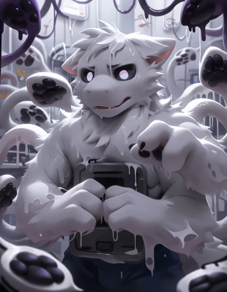 score_9, score_8_up, score_7_up, BREAK rating_safe, detailed, depth of field, solo, <lora:squid_dog_v1.safetensors:1.0>, anthro, furry, (squid dog, changed:1.2), black sclera, white body, black pawpads, tentacles, white pupil, adult, laboratory background, noseless (close-up, gloom (expression):1.35)