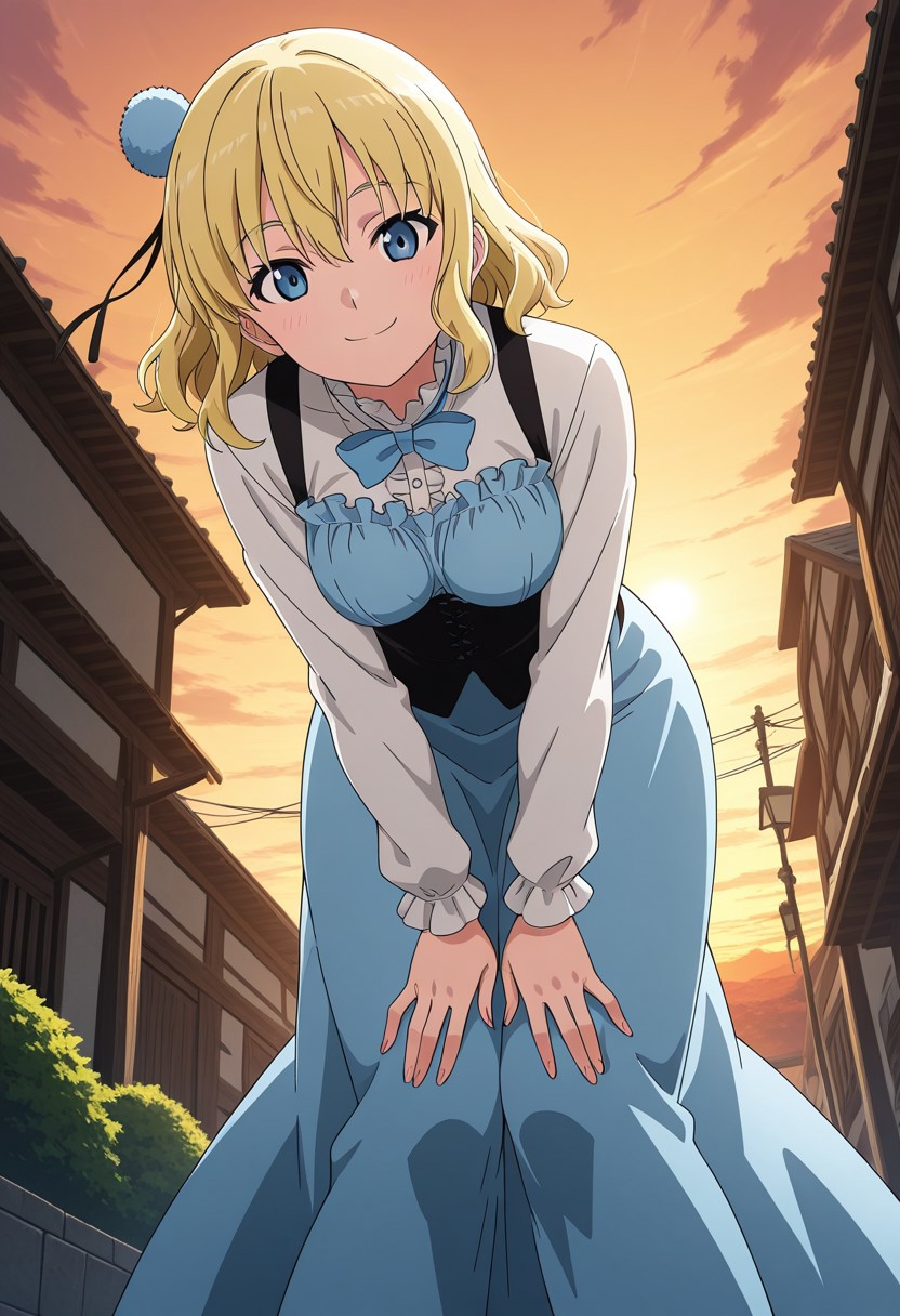masterpiece, best quality, amazing quality,1girl, solo, BREAK
ari4,blonde hair,short hair, hair ornament, blue eyes,dress,bowtie,
BREAK
from below,smile,looking at viewer, hands on lap,outdoors, sky lean forward,bent over,sunset