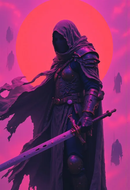 neon-mist, dysujo, a Walking Shadow of death wearing a billowing torn cape, and a reinforced cloak, heavy armored pauldron, hyperdetailed dark fantasy Art, digital painting, atmospheric lighting, moody pink and orange sundawn, billowing clouds, intricate closeup, detailed armor, reflecting old metal, worn,