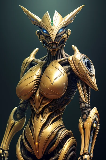 best quality, cgunity, 8k, raw photo of (beautiful:1.2) cyborg man, ugly (intricate  alien style warframe), black gold green, ultra detailed, (biomechanic background:1.2), ambient light, volumetric lighting, realistic, realistic lighting, cinematic lighting, depth of field, sharp focus, dynamic pose, face focus, looking at viewer, (high contrast:1.2), (film grain), (by h.r. giger:1.4)