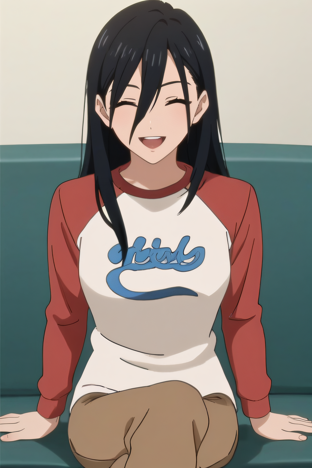score_9, score_8_up, score_7_up, source_anime, rating_safe, intricate details, anime screencap, official style, 1girl, <lora:Minami_Maho:1>, minamimaho, black hair, hair between eyes, bangs over eye, closed eyes, long hair, raglan sleeves, shirt, brown pants, looking at viewer, smile, indoor, five fingers, crossed legs, white socks, laughing, upper teeth, sitting on couch, arms at sides