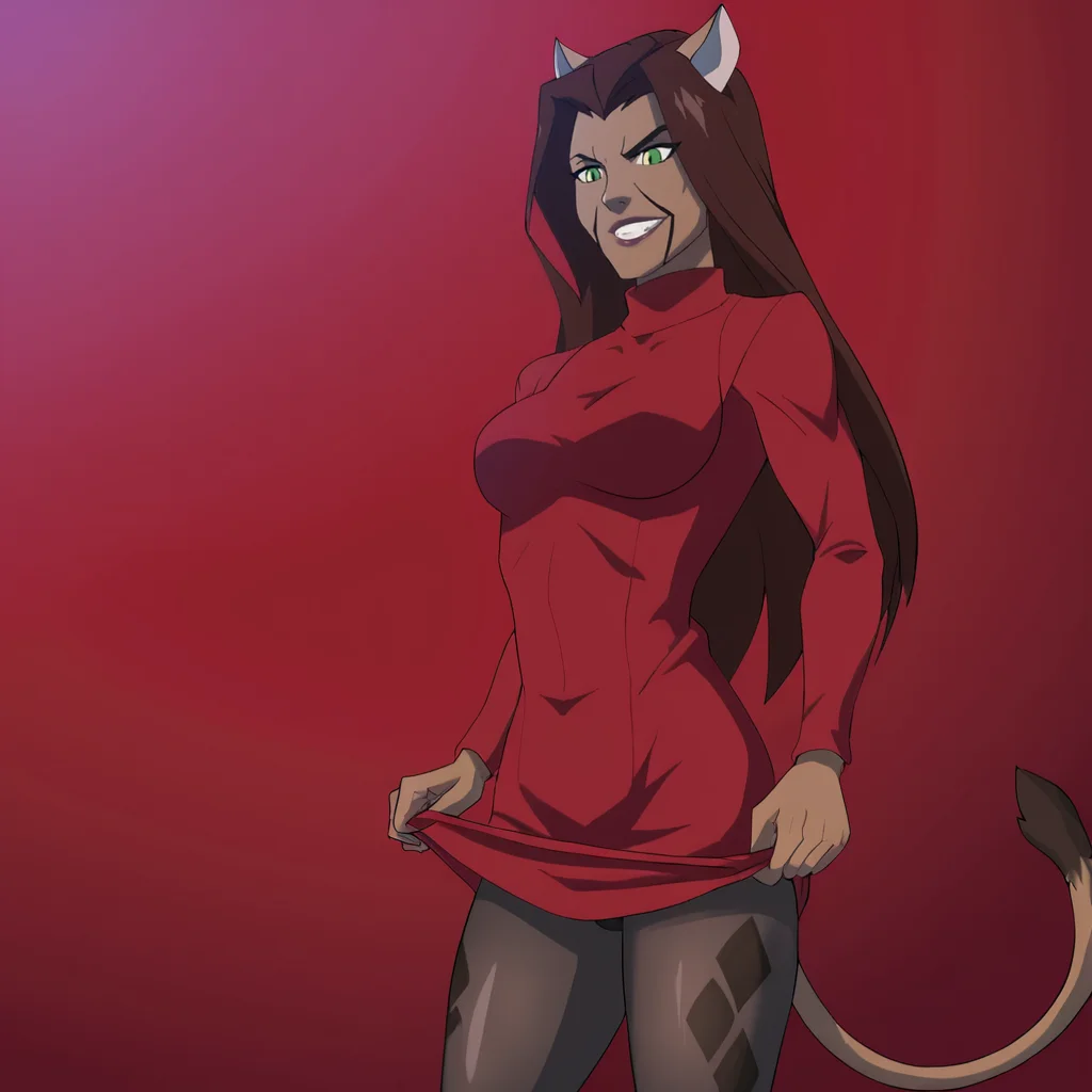 <lora:CheetahBloodlines_pony_v1:.8> CheetahBloodlines, 1girl, animal ears, tail, brown hair, long hair, green eyes, breasts, muscular female, dark skin, dark-skinned female, standing, cowboy shot,  <lora:0965 Home wear 12_v1_pony:1> ruanyi0965,red dress,short dress,black pantyhose,argyle legwear,turtleneck,dress lift,bottomless,long sleeves