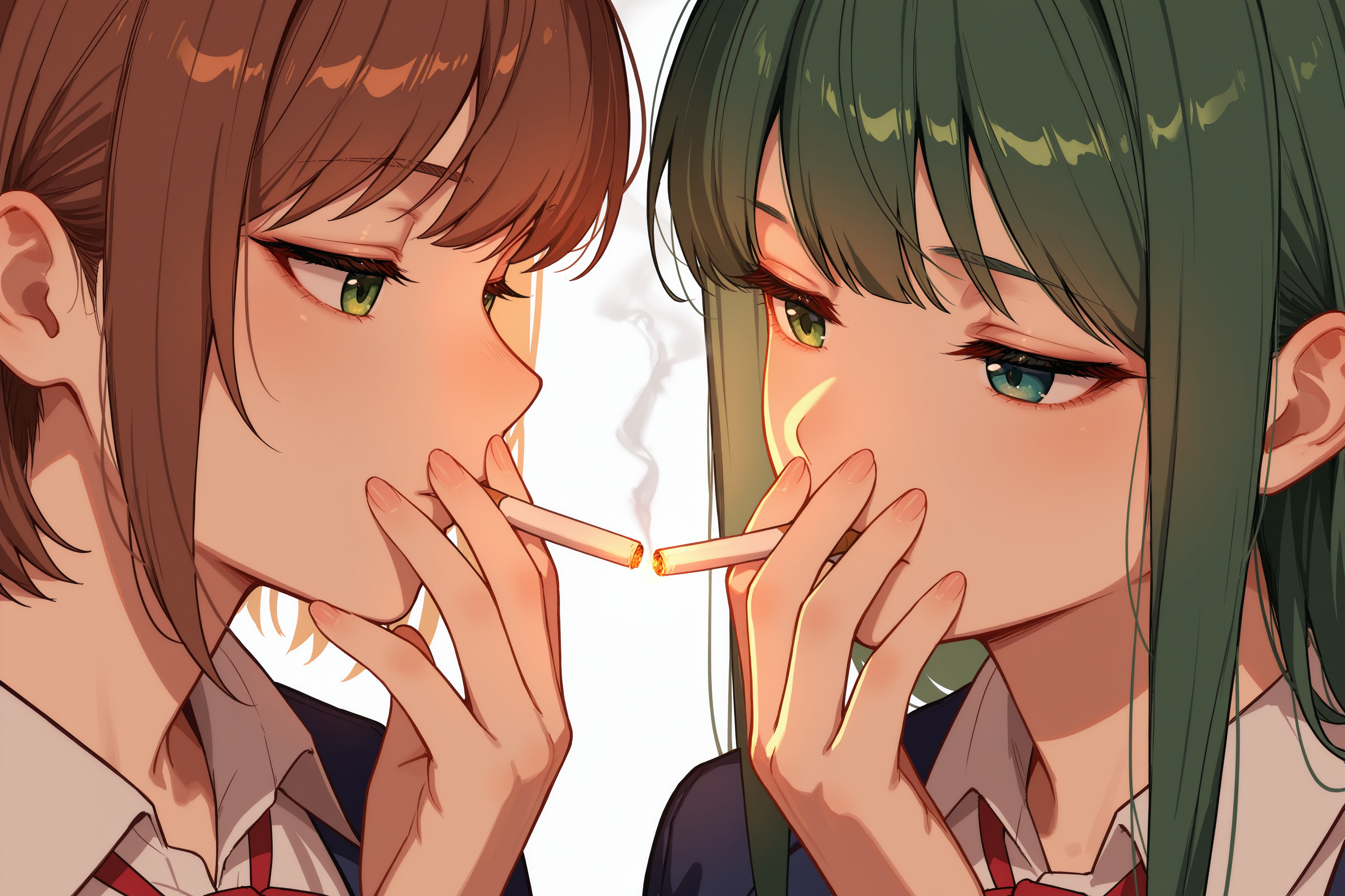 masterpiece, best quality, absurdres, safe
2girls, cigarette kiss, holding cigarette, smoking, simple background, white background
<lora:cigarette_kiss_il_2_v4_d32_final:1>