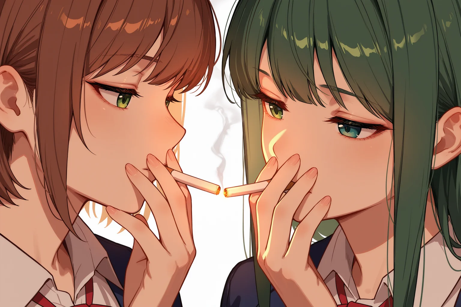 masterpiece, best quality, absurdres, safe
2girls, cigarette kiss, holding cigarette, smoking, simple background, white background
<lora:cigarette_kiss_il_2_v4_d32_final:1>