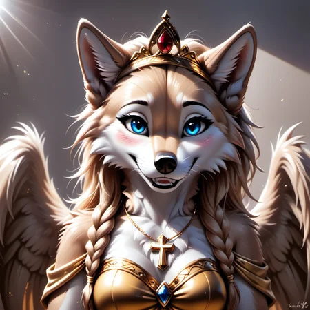 anthro, female wolf, voluptuous figure, tufted fur, tufted ears, fluffy wolf tail, narrowed eyes, golden fur, blue eyes, canine teeth, solo, golden cross necklace, medium breasts, golden royal dress, sapphire hairband, glistening eyes, long golden crown braid hairstyle, angle wings, golden long skirt, narrowed eyes, cute smile, white gloves, head slighly tilted, whiskers, blushing, sunlight, simple background, F.M PDXL, realistic, highres, super high resolution, 8k, photo, whtfx, soft body fur, rostran style, radiance, light art,