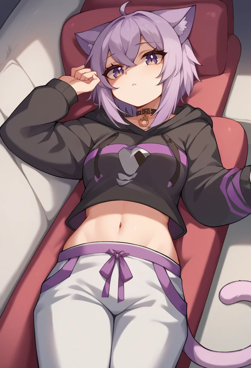 score_9, score_6_up, source_anime, 1girl, lying, on couch, okayu_base, black hoodie, onigiri print, midriff, white pants, animal collar, cat tail, ahoge, :\3 <lora:nekomata_okayu_sdxl_pony:1>