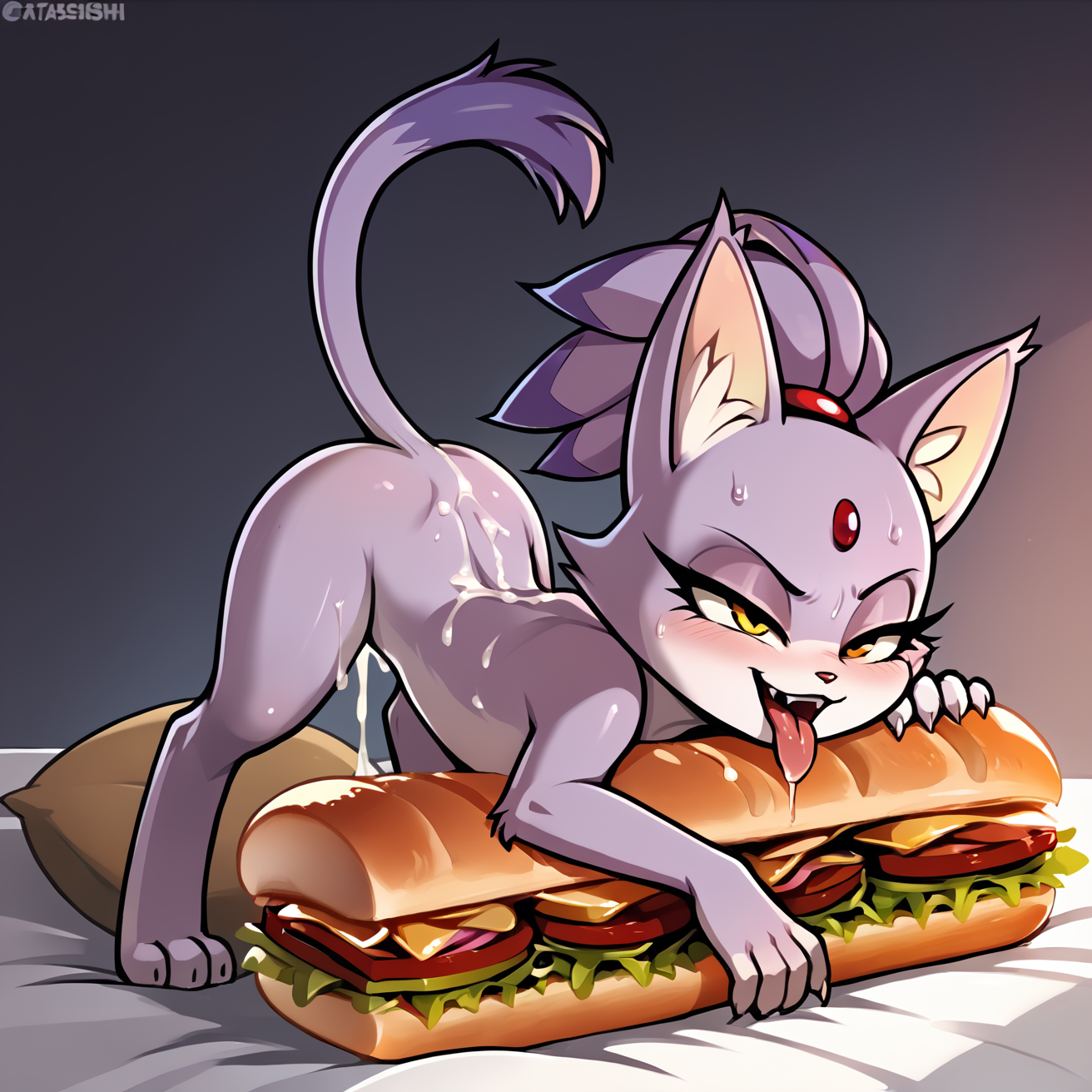 score_9, score_8_up, score_7_up, score_6_up, score_5_up, score_4_up, blaze the cat top-down bottom-up by a sandwich:1.2, vaginal, eatfresh, freshcock, cum on body, full body, sweat, feral, bed, pillows, comfy, bedroom eyes, tongue, dire, bedroom, abstract, <lora:EatfreshPDXL:1> ,