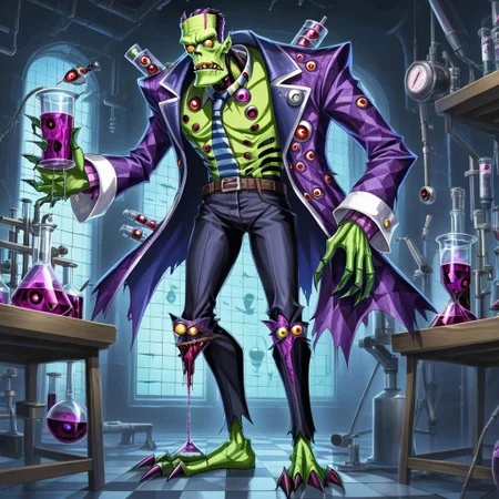 a skinny fleshmutant frankenstein's monster covered in eyes holding a beaker inside of a laboratory,patchwork creature,patchwork skin,full body,2d,anime