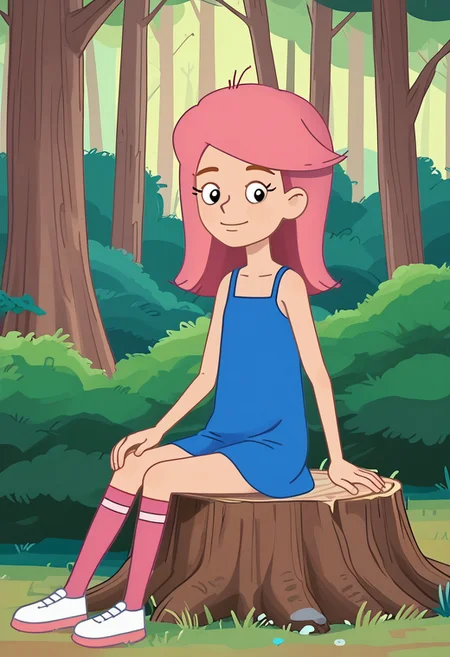 skinny, shorty, undersized, solo focus,  girl olya, 1girl, long hair, pink hair, snub nosed, black eyes, eyelashes, thin hands, short limbs, pink kneesocks, white footwear, posing, smug smile, forest, trees, bushes, short slip  blue sundress,  flat chested, sitting on tree stump,  bedroom eyes, parted lips,  looking at viewer,