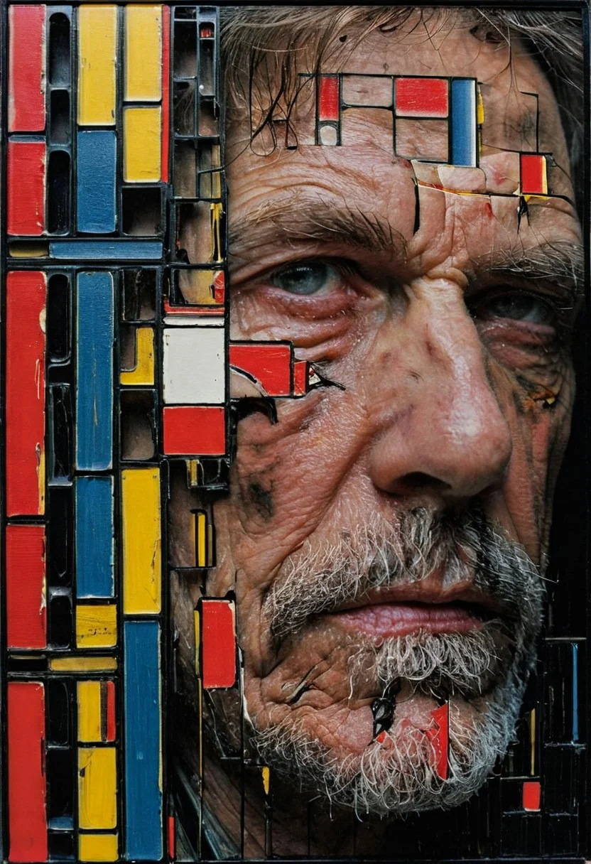 aaron horkey, in the background, a painting of "Three Studies of mondrian" by Francis Bacon in behance hd, cmyk portrait, multi colored, defiant and beautiful, cmyk, expressive eyes!! intricate, 🐎🍑, Dark Souls concept art, and ink, close up face of an old lonely man. sadness, stunning color scheme, high use of black ink, masterpiece maximalist. intricately detailed, complex, elegant, expansive, fantastical, film photography style, medium grain, FRESHIDESH Moebius comic book