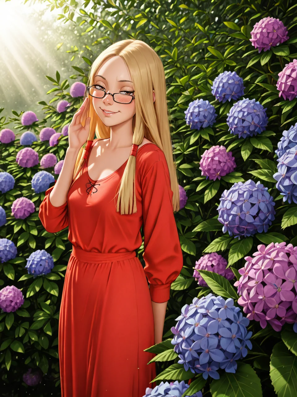 (masterpiece,best quality,newest,absurdres,highres), Gr3taBarrym0re, Poststyl, realistic, 1girl, solo, brown eyes, glasses, naughty face, blush, half closed eyes, looking at viewer, <lora:Greta_Barrymore_IllustriousXL:0.8> <lora:Own_style_IllustriousXL:0.8>