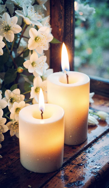 burning candlelight and white flowers tribute condolence memorial service announcement. with space for text an obituary, list of dead. Funeral concept, macro, closeup, selective focus. Dramatic unusual scene. Beauty world. Retro filter and vintage style. Instagram toning effect, breathtaking photograph, lensflare and bokeh effects, heavy film grain, shot on kodachrome with post-processing artifacts, reflecting particle effects, slight double exposure
