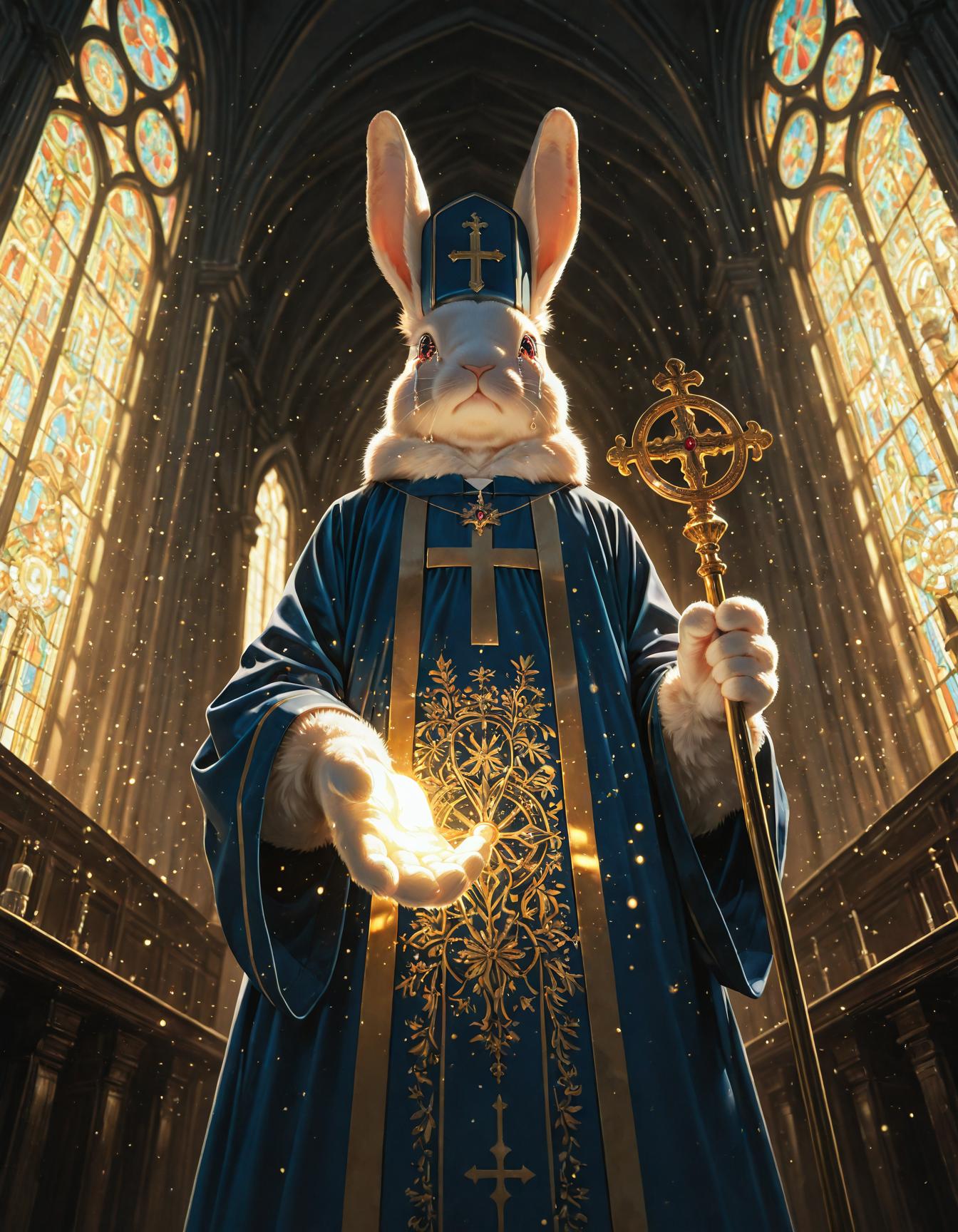 embedding:IllusP0s
,anthropomorphic rabbit priest, rabbit head, white fur,holding scepter, blue robes,cassock, mitre,tears, crying, facing viewer,standing
,sunny, godrays, church indoors, stained glass window, glowing hand, raised hand,big rabbit ears, golden glow
,from below, wide shot, depth of field, realism, no humans, animal focus, light particles