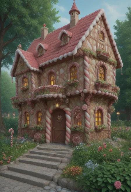 4k, score_9, score_8_up, score_7_up, hyper detailed, masterpiece, best quality, best quality, ultra detailed, ((detailed eyes)), zPDXL3, a candy house, candy house, candy village, CHRC4ND7