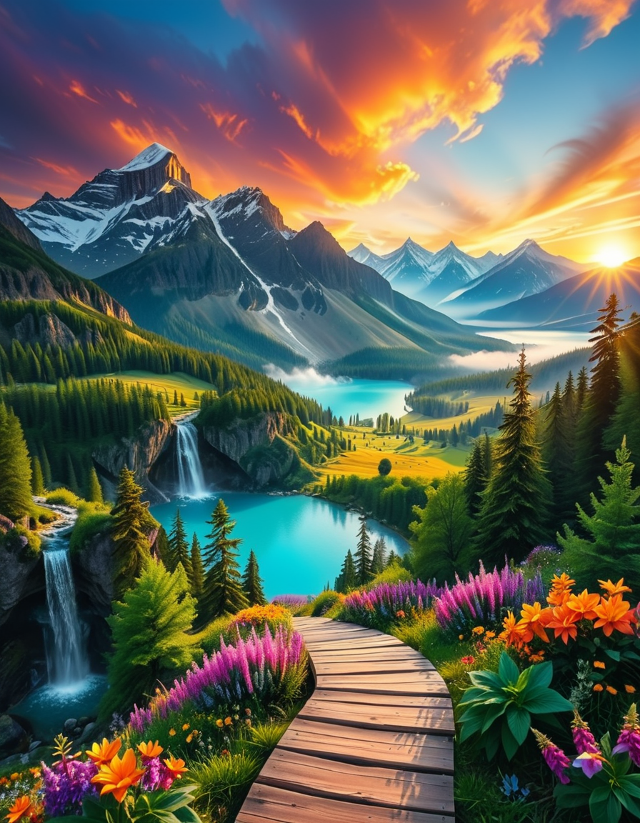 A breathtaking, high-resolution photograph of the most beautiful place on Earth, where natureâs wonders blend in perfect harmony. Towering, snow-capped mountains rise majestically in the background, their peaks glowing under the golden hues of a setting sun. Below, a crystal-clear turquoise lake reflects the colors of the sky, surrounded by lush, green forests filled with ancient trees, vibrant wildflowers, and cascading waterfalls. A soft mist rises from the valley, adding a dreamlike quality to the scene. In the distance, rolling meadows stretch toward the horizon, dotted with colorful flowers and serene wildlifeâgraceful deer grazing, birds soaring in the sky, and butterflies dancing in the breeze. A wooden footpath winds through the landscape, leading to a secluded, tranquil spot where the beauty of nature can be fully admired. The air is crisp and filled with the soothing sounds of rustling leaves, flowing water, and distant birdsong. The sky above is a masterpiece of colorsâdeep oranges, purples, and pinks blending seamlessly as the sun sets, casting a magical glow over this untouched paradise. The atmosphere is peaceful, awe-inspiring, and filled with a deep sense of wonder and tranquility, as if stepping into a perfect dream.
<lora:SDXLFaeTastic2400:0.4> <lora:extremely_detailed:0.4> extremely detailed, <lora:Earth_P4r4d1s3:1>,Earth P4r4d1s3, Masterpiece,best quality,hi res,8k,hi res,8k,award winning,(sharp focus, intricate, highly detailed),