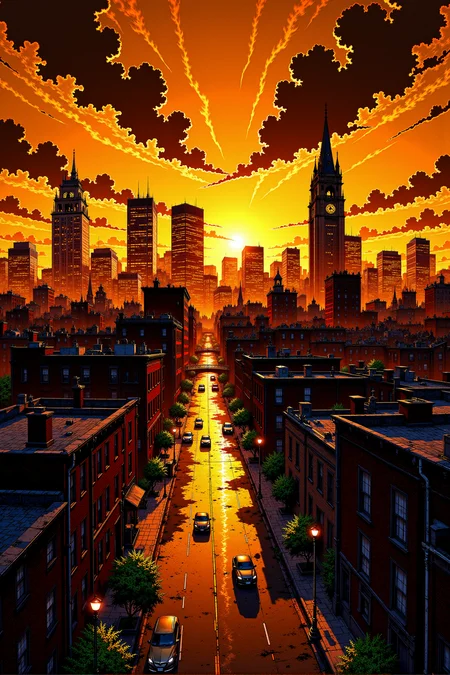An from above and side view of an intricate cityscape which unfolds under a dim vibrant sunset, richly toned in sepia, where the entire view is infused with warm, nostalgic hues of amber, burnt orange, and soft browns. The skyline features a variety of architectural forms, from towering skyscrapers to historic buildings and urban rooftops, all gently softened by the golden haze of the setting sun, which highlights intricate clouds. Fine, bright white ink outlines delicately trace the contours of the buildings, adding a layer of intricate detail that contrasts sharply against the sepia backdrop. These white outlines capture the sharp edges of windows, rooftops, and architectural embellishments, bringing a subtle, graphic quality to the scene. Sunlight streams through the cityscape, casting elongated, sharp shadows that interplay with the glowing highlights along the white outlines, accentuating the structures and adding a shimmering, ethereal effect. Streets below are alive with faint suggestions of movementâvehicles, street lamps, and pedestriansâall traced in fine white lines that stand out crisply against the muted tones, adding depth and dynamism to the scene. The bright white ink outlines emphasize every detail, from the leaves of sparse trees to the cables and street signs, making the city feel alive yet artfully serene, blending the bustling energy of urban life with a stylized, almost hand-drawn aesthetic that elevates the entire sunset view into a beautiful, timeless artwork. Very dark, blue-black and orange vibrant sky. <lora:Vibrantly_Sharp_style_v.5:0.8>