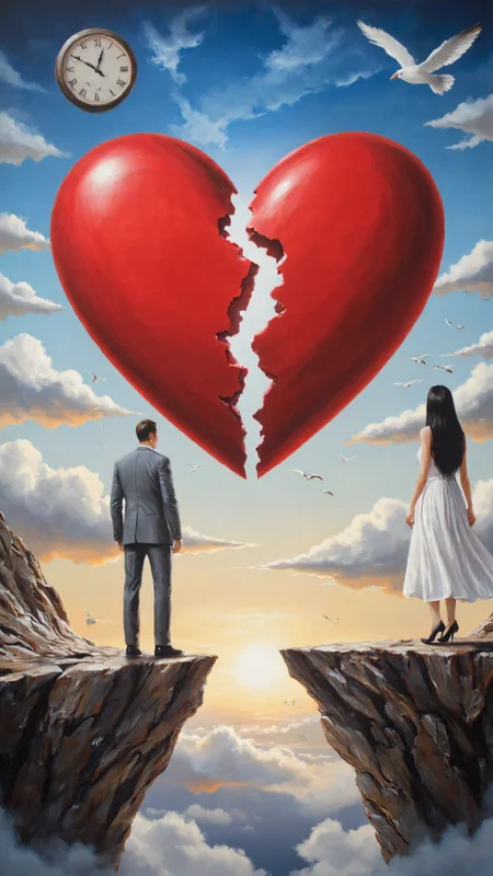 painting depicting a surreal, dream-like scene set against a sky transitioning from dawn to daybreak. The central focus is a large, vibrant red heart split in two, symbolizing a broken heart, situated on a rocky, elevated platform. The platform is surrounded by fluffy, white clouds, giving it a floating, ethereal appearance.
On the left side of the heart, a man in a light grey suit and black shoes stands facing away from the heart, his back turned. On the right side, a woman in a flowing white dress and black high heels faces the heart, her long black hair flowing behind her. Both figures are positioned on opposite sides of the heart, separated by a jagged, rocky path that leads down to the clouds below.The background is a stunning, gradient sky, transitioning from deep blue to soft orange and yellow hues as the sun rises. Birds are scattered throughout the scene, adding a sense of movement and life. To the left, a large, old-fashioned clock with Roman numerals is visible, its hands frozen at around 10:10. To the right, a white bird with outstretched wings soars through the sky, adding to the ethereal atmosphere. ,aidmaimageupgrader, aidmaMJ6.1 <lora:aidmaMJ6.1-FLUX-v0.5:0.7> <lora:aidmaImageUprader-FLUX-v0.3:0.4>