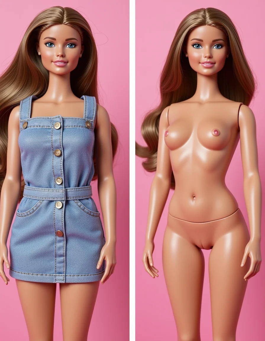 Two panel side-by-side photos of a Barbie doll, left side clothed, right side nude