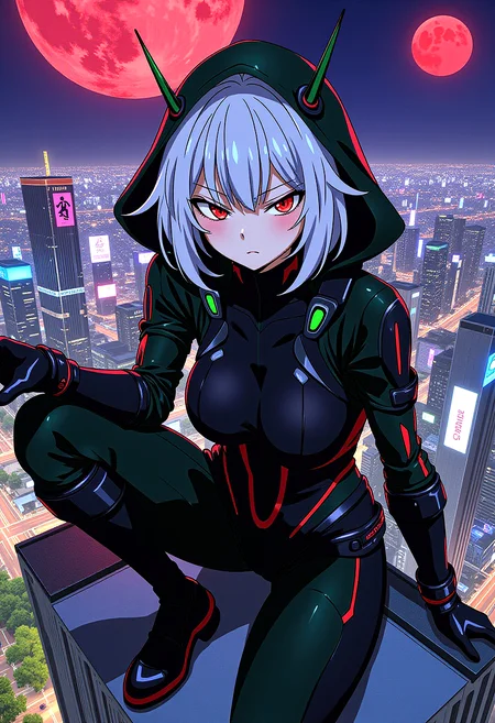 a futuristic female vigilante with short, flowing silver hair with long bangs. The character is in a low, crouched position, ready to spring into action, one hand touching the ground for balance atop a skyscraper with strong wind blowing in a bustling cyberpunk city. She is dressed in a black, armored carbon fiber suit with red, green and blue accents, featuring numerous straps and a hood with pointed tips. She wears black leather fingerless gloves, fake nails, nail polish. Her glowing red eyes with slit pupils are visible through a sleek black mas. The background reveals a sprawling cityscape with neon lights, holographic advertisements, and towering buildings, with the crimson moon hanging low in the sky, casting an ominous glow over the scene.
motion lines effect, anime screencap,extremely detail background consist of detailed building, environment, vegetation, sky, with sharp and precise detail, lossless detail